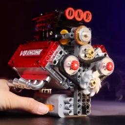 V8 motor motorizado simulação tijolo modelo movido eletricamente blocos de construção peças técnicas do carro brinquedos criativos presentes crianças adulto - Image 1