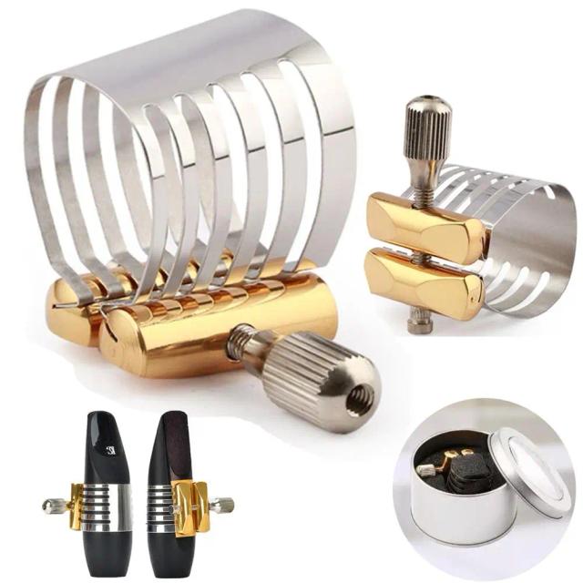 Ligadura Bocal para Alto Saxofone em Aço Inoxidável com Clip e Braçadeira Ajustável, Inclui Caixa de Armazenamento