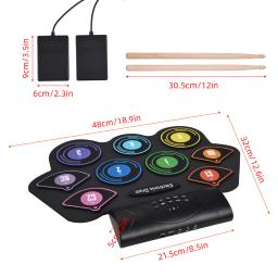 Rolo de mão bateria eletrônica, 9 almofadas, alto-falante estéreo embutido, baquetas pedal, presente de aniversário, prática pad kit - Image 6