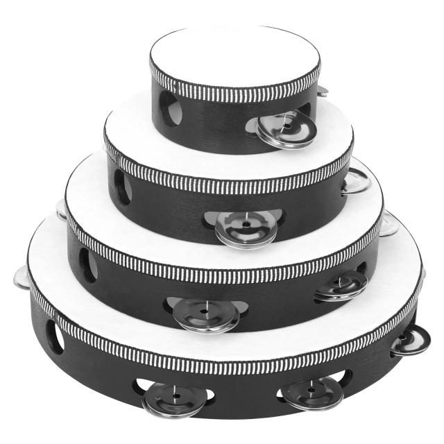 Conjunto de Instrumentos Orff para Crianças: Tambor, Sino e Tambourine em Madeira Maciça - 4 Peças com Tamanhos Diversos