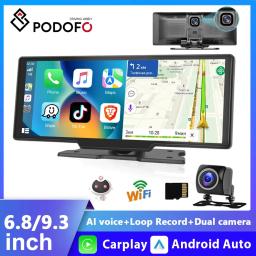 Podofo-Espelho De Carro Gravação De Vídeo Monitor Sem Fio, Painel Auto Android, DVR, Navegação GPS, Tela Carplay, 6.86 ", 9.3" - Image 1