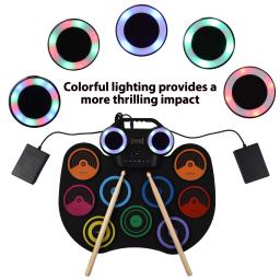Conjunto de Tambor Elétrico Portátil com Luzes Coloridas, Kit de Almofadas Embutidas, Tela de Exibição LED, 2 Bastão de Tambor e Pedal, 9 Almofadas - Image 2