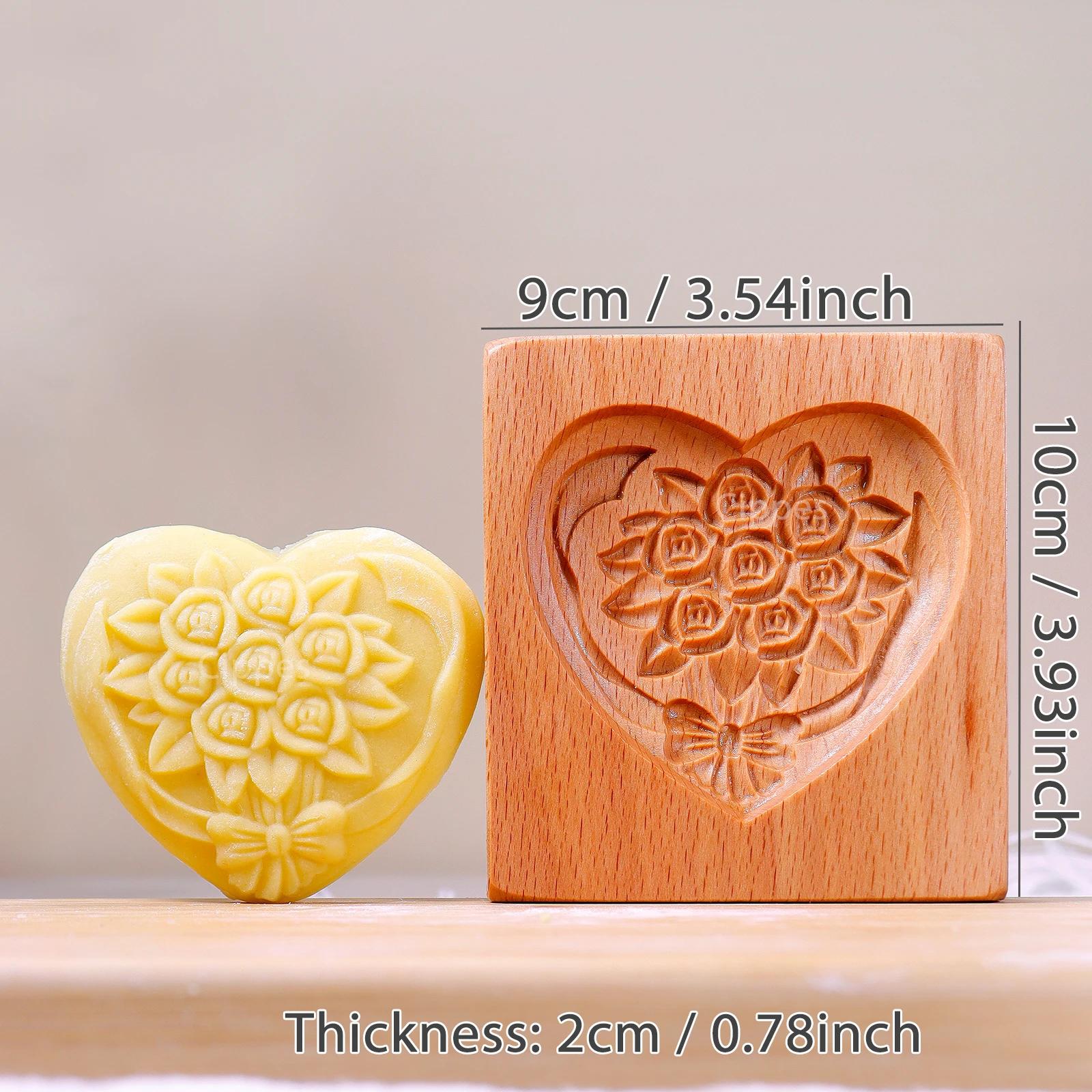 Moldes De Biscoito De Madeira Com Padrões De Coração E Flores, DIY Esculpido, Cortador De Biscoitos Em Relevo, Moldes Para Assar, Bolo Fondant, Biscoito, 1Pc - Image 1