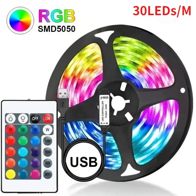 Fita LED RGB 5050 Flexível com Controle Remoto de 24 Teclas para Decoração de Quarto e Jogos