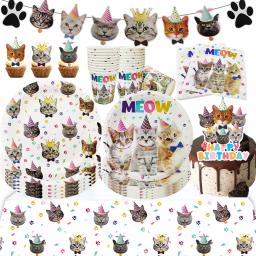 Talheres descartáveis para decoração de festa, gatinho bonito, placas de papel, copos, banner, tema gatos, suprimentos de aniversário para crianças - Image 1