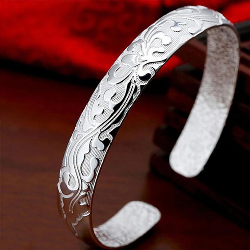 1pcs feminino vintage pulseiras ampla sorte impressão de flores tibet prata chapeado totem manguito pulseiras pulseiras - Image 1