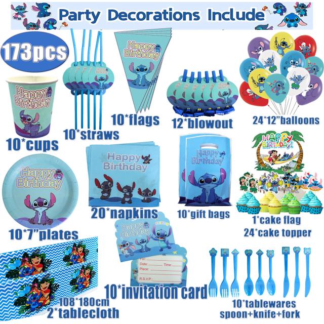 Conjunto de Suprimentos Descartáveis Disney Stitch para Festas: Copos, Pratos, Guardanapos e Banners para Aniversários e Chuveiros de Bebê