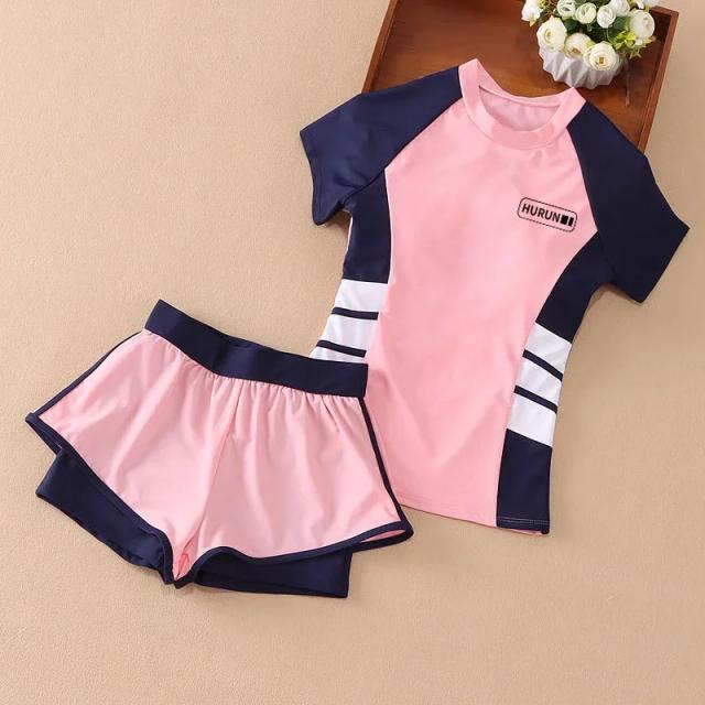 Trajes de Natação Feminina com Manga Curta e Protetor Solar para Crianças e Adultas, Conjunto de Duas Peças para Praia