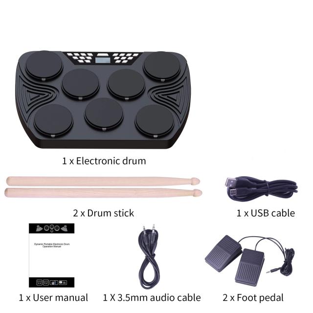 Kit de Bateria Eletrônica Portátil com 7 Pads para Praticar e Criar Música