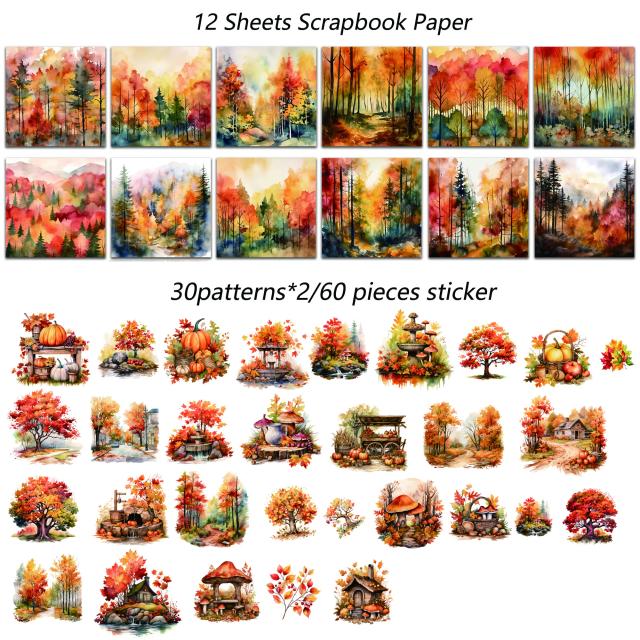 Conjunto de Junk Journal de Floresta de Outono com 12 Papéis e 60 Adesivos para Artesanato e Scrapbooking - 72 Peças Incríveis