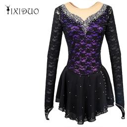 Vestido de patinação no gelo feminino, fantasia para performance, collant para adolescentes e adultos, balé e performance de ginástica preto e veludo - Image 1