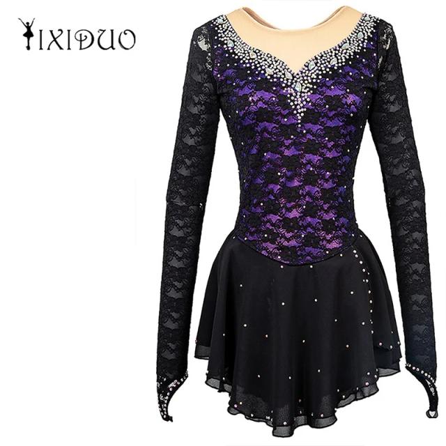 Vestido de Patinação no Gelo Feminino em Veludo Preto para Fantasias de Performance e Balé, Ideal para Adolescentes e Adultos