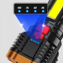Lanterna LED portátil ao ar livre, luz de tochas, lâmpada, USB recarregável, Power Display, projectores laterais COB, 4 modos de iluminação - Image 4
