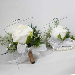 Marfim Rose pulso Corsage para homens, pulseira, boutonniere branco, acessórios flor do casamento, decorações de baile, banda, 2pcs - Image 4