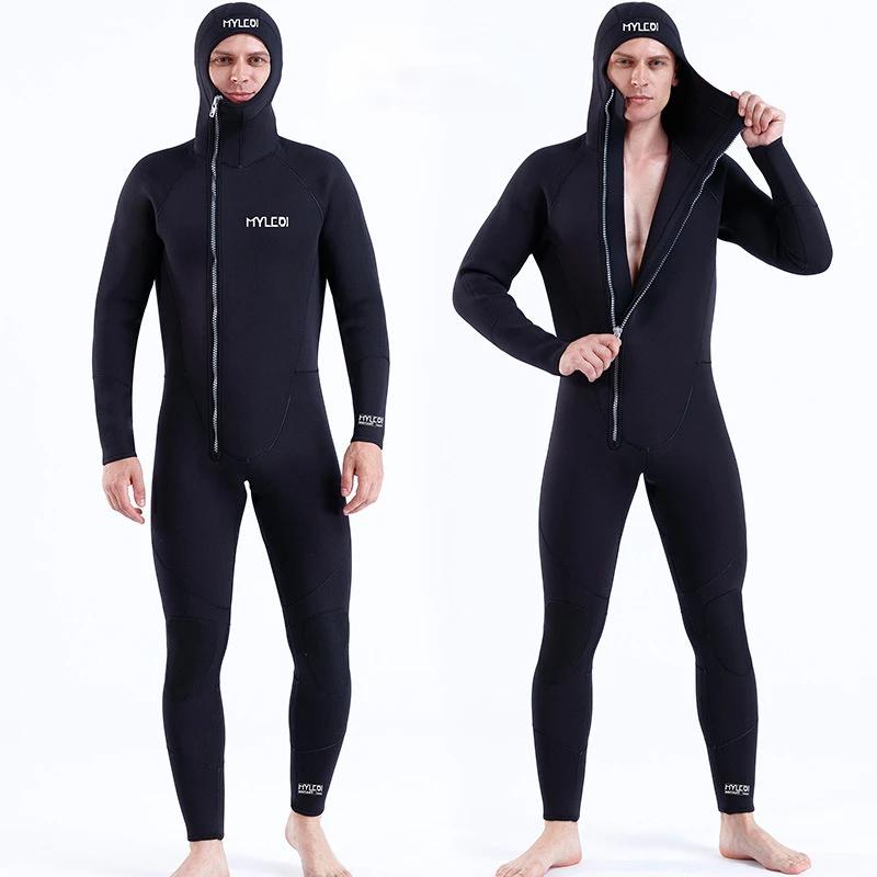 Fato de mergulho de neoprene com zíper frontal de 5 mm e capuz, traje de mergulho frio e quente - Image 1