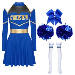 Trajes de dança de torcida para mulheres, vestido manga comprida com pompons, meias para menina de escola, fantasias de Halloween para líderes alegres - Image 3