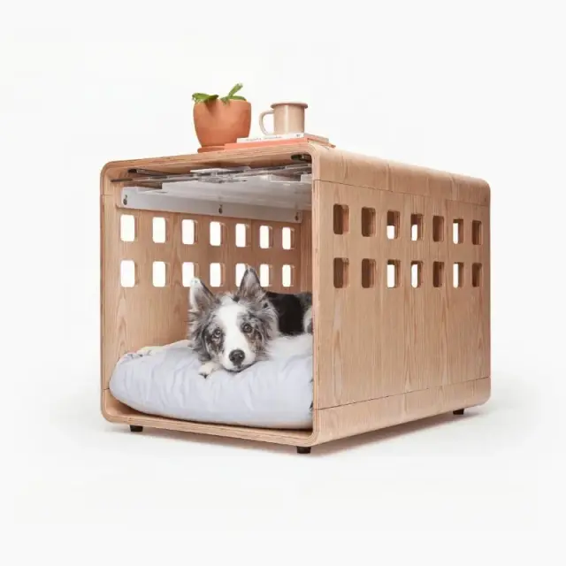 Canil Acrílico Dobrável para Animais de Estimação com Moldura de Madeira – Móveis Modernos para Cães, Cama Versátil para Uso Interno e Externo