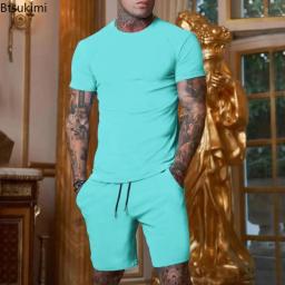 Conjunto de camiseta de manga curta e shorts de treino masculino, terno esportivo, ginásio fitness, sólido, verão, 2 peças, 2022 - Image 6