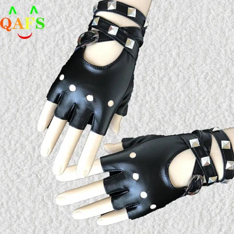 Luvas de couro sintético curto punk para mulheres, meio dedo, sem dedos, senhora, bonito, preto, na moda, 1 par - Image 1