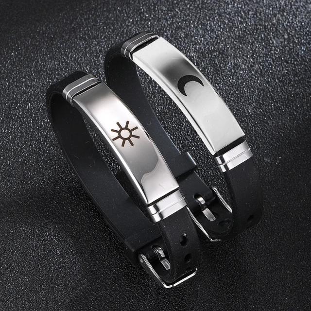 Pulseiras de Casal Sol e Lua em Aço Inoxidável e Silicone - Presentes Perfeitos para Melhores Amigos
