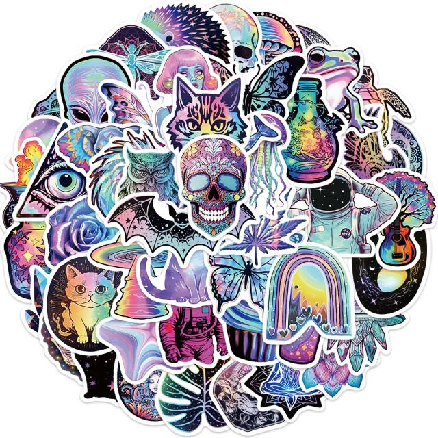 Adesivos Laser Cartoon Psychedelic Graffiti para Bagagem, Laptop, Skate, Moto, Bike - 50 Peças
