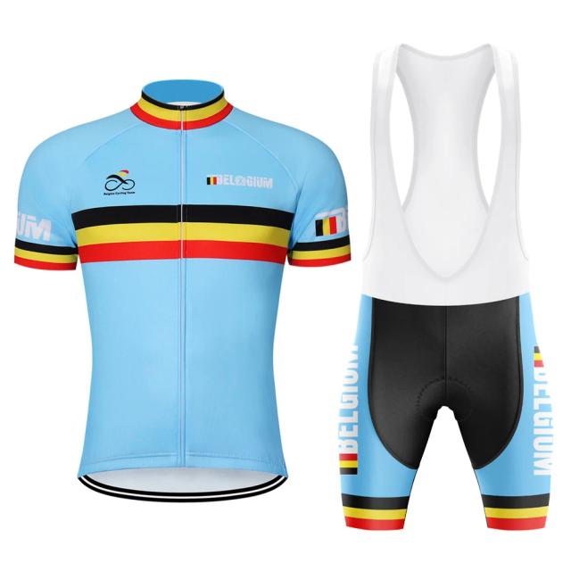 Camisa de Ciclismo Masculina da Bélgica - Conjunto Retro de Verão com Manga Curta e Bib Shorts para MTB e Triathlon em Azul