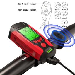 3 em 1 lanterna bicicleta com 5 led e alarme chifre, luz frontal, impermeável, odômetro, acessórios de bicicleta - Image 1