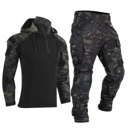 Ternos táticos de paintball, roupas de trabalho, uniforme com vários bolsos, camisas de combate camufladas, calças cargo com capuz, joelheiras, roupas de caça - Image 1