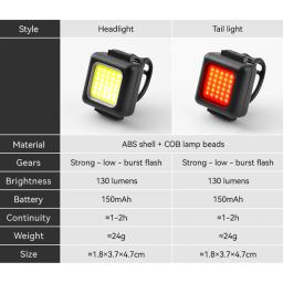 USB recarregável bicicleta dianteira traseira luzes LED, impermeável ciclismo acessórios, luz de advertência COB, 130LM, 80LM, 150mAh, tipo-C - Image 4