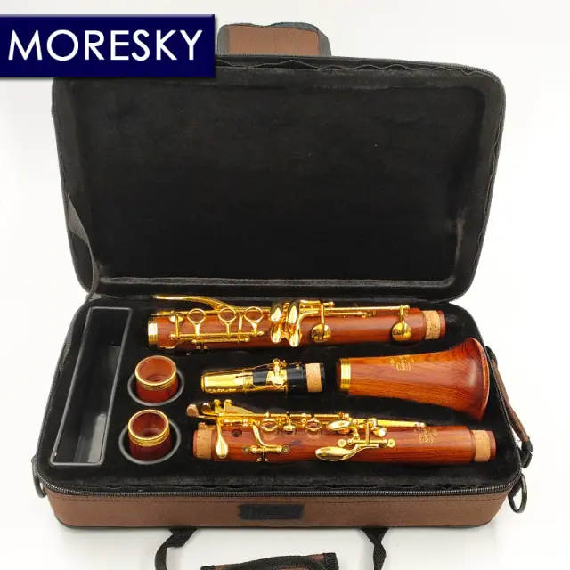 Moresky Clarinete Profissional Sib Madeira Vermelha Chave Banhada a Ouro 17 Teclas Sib Klarnet M15