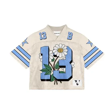 Camiseta V-Neck Mesh de Futebol Retrô Americano com Estampa, Jersey de Manga Curta para Estilo Casual Elegante Y2K Harajuku
