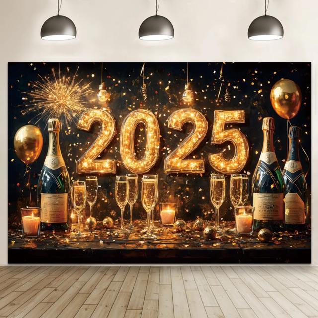 Decoração de Festa de Feliz Ano Novo 2025 com Fogos de Artifício, Relógios, Champagne e Balões Dourados para Fotos Incríveis