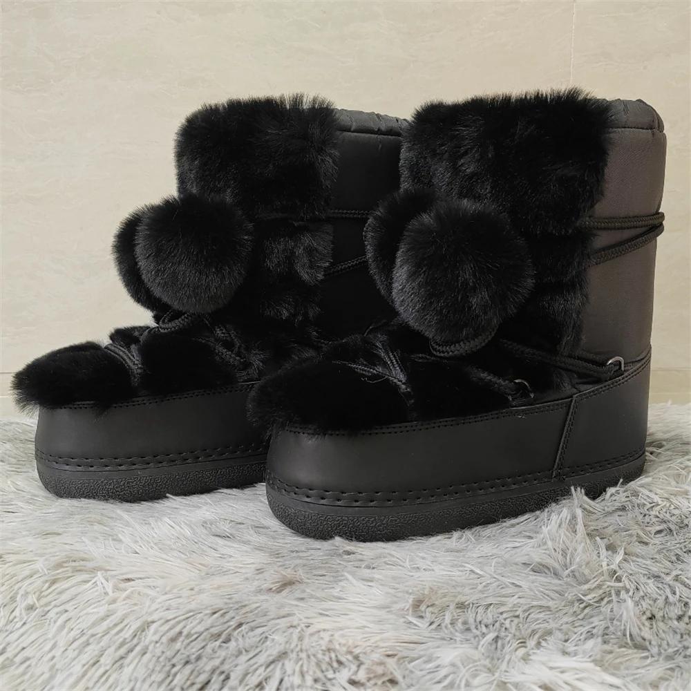 Botas de pele sintética para mulheres quentes e confortáveis botas de esqui 2025 inverno meio claf rendas plataforma impermeável botas de neve preto - Image 1
