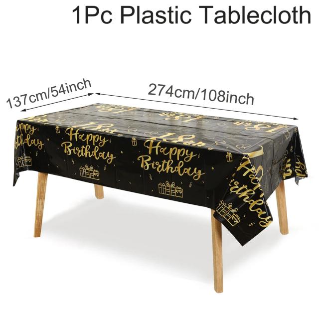 Toalha de Mesa Descartável Preta e Dourada para Festas Temáticas de Aniversário - Ideal para 18 a 70 Anos, 1 Peça