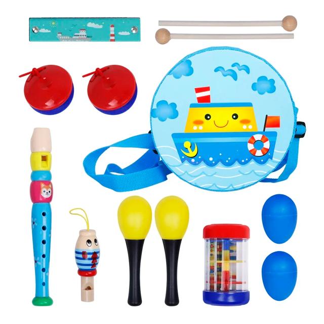 Conjunto de Instrumentos Musicais Orff para Crianças - 8 Peças com Gaita, Martelo de Areia, Ovo, Castanholas e Flauta de Madeira