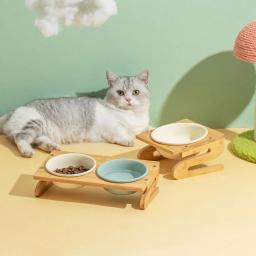 Suporte de bambu durável para animais de estimação Alimentador antiderrapante para cães Tigela de comida de gato Prato de cerâmica Alimentador de animais de estimação levantado inclinado - Image 5
