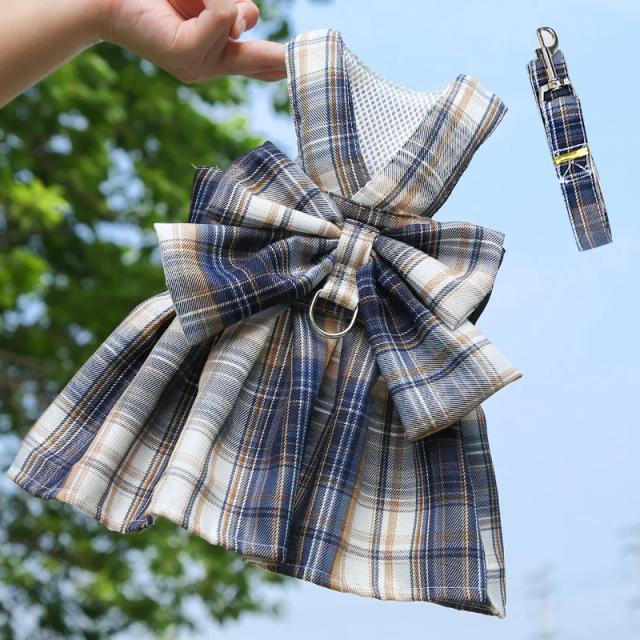 Vestido xadrez JK com trela para cães pequenos e gatos - Roupas de verão estilo para pets