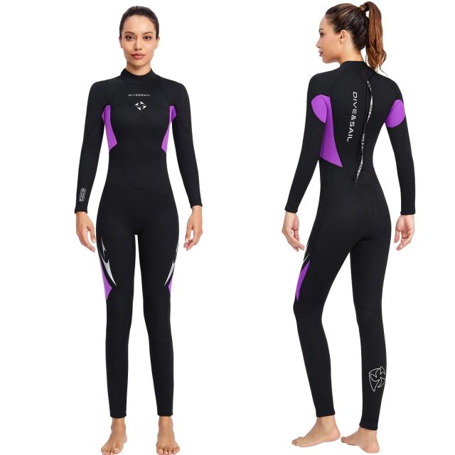 Bodysuit Completo de Neoprene Feminino 3mm para Natação, Surf e Mergulho com Gola Redonda e Ajuste Elástico