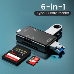 Multifunções Smart Memory Card Reader, 6 em 1, OTG, Leitor de Cartão SD, USB 2.0, Tipo C, TF, SD, Acessórios para Notebook, Adaptador - Image 1