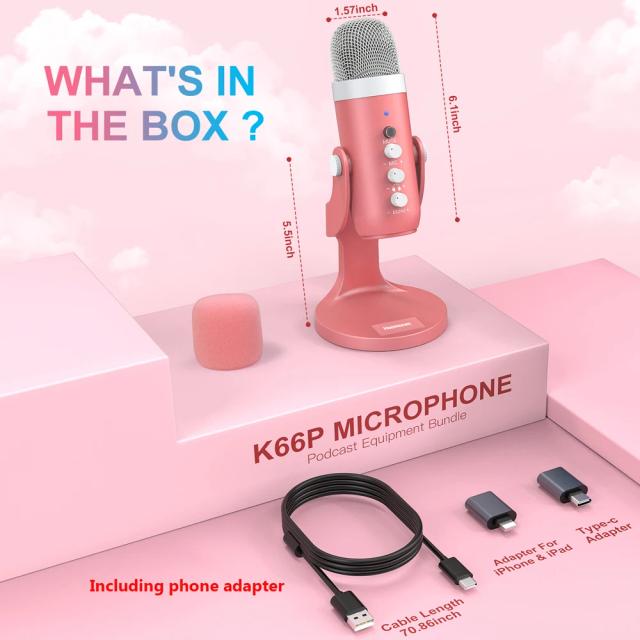Microfone Condensador USB Rosa para Gravação em Vídeo, Jogos e Podcasting no Computador Portátil
