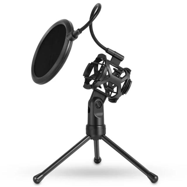 Suporte de Mesa Ajustável para Microfone Profissional com Proteção Antichoque e Tripé para Gravação
