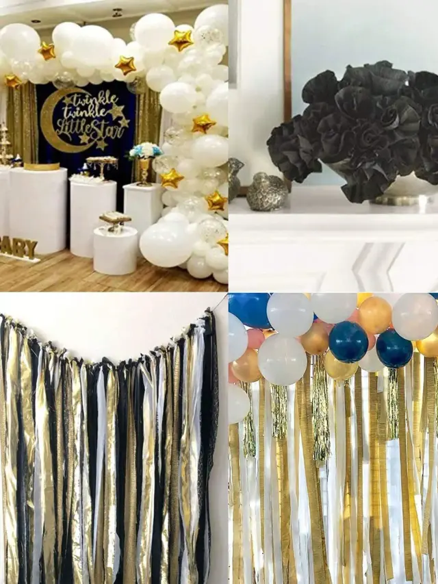 Conjunto Festivo com Balão, Cortina de Chuva e Serpentina de Franjas em Multicores, Dourado, Prateado e Preto - 3 Rolos de Fita de Papel Crepe