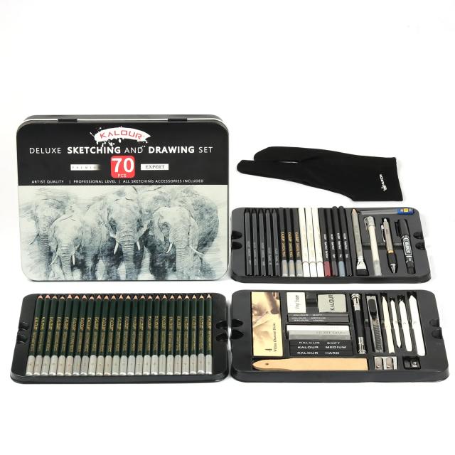 Set de Pintura Artística Profissional com Lápis de Carvão e Ferramentas de Desenho em Caixa Metálica - Opções com 35 a 70 Peças