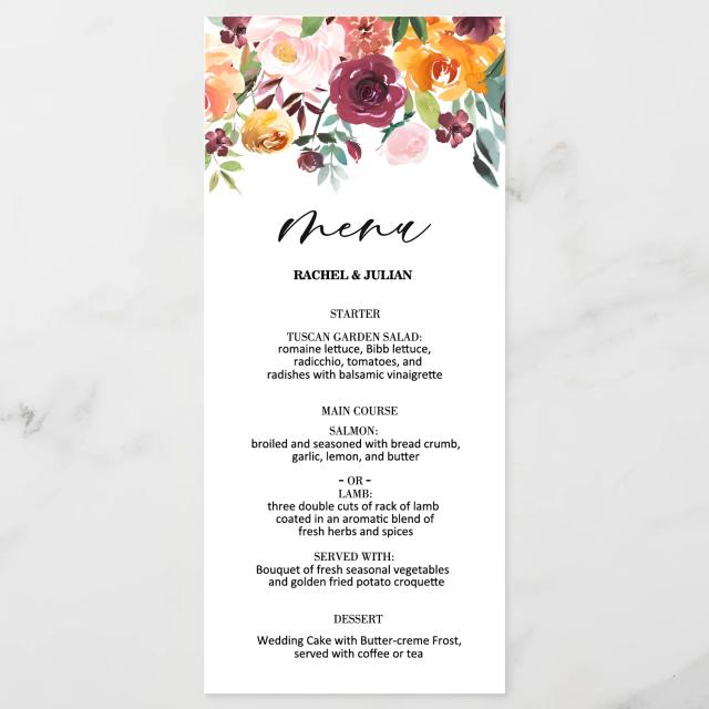 Cartões Personalizados para Menu de Casamento com Design Floral e Verde - Disponíveis em Pacotes de 5, 20 e 100 Peças