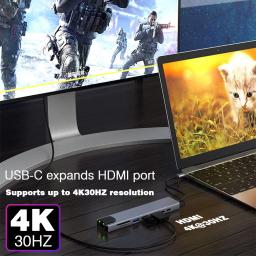 Rj45 100m/1000mbps ethernet para usb c adaptador docking station usb tipo c para hdmi hub 4k 30hz fone de ouvido pd 100w usb3 extensão - Image 3