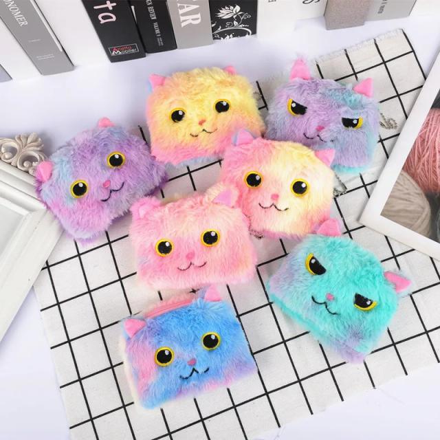 Mini carteira de pelúcia de gato colorido e macio para crianças - presente ideal para festas de aniversário e temas de desenhos animados