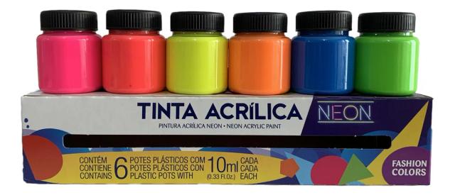 Conjunto de 6 Tintas Acrílicas Neon Fluorescentes 10ml da Acrilex - 039060000