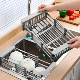 Escorredor De Prato De Aço Inoxidável Ajustável, Sink Drain Rack, Frutas e Vegetais Drain Basket, Cozinha Extensível Secagem Rack, 1Pc - Image 1