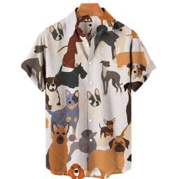 Camisa estampada de leão cão selvagem masculina, estampa de cachorro bonito, camisa de manga curta, top aberto masculino de lapela, tecido confortável - Image 3