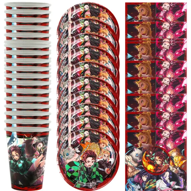 Conjunto de 60 Peças Tema Demon Slayer para Aniversário e Festa com Talheres, Pratos, Copos e Decoração Completa